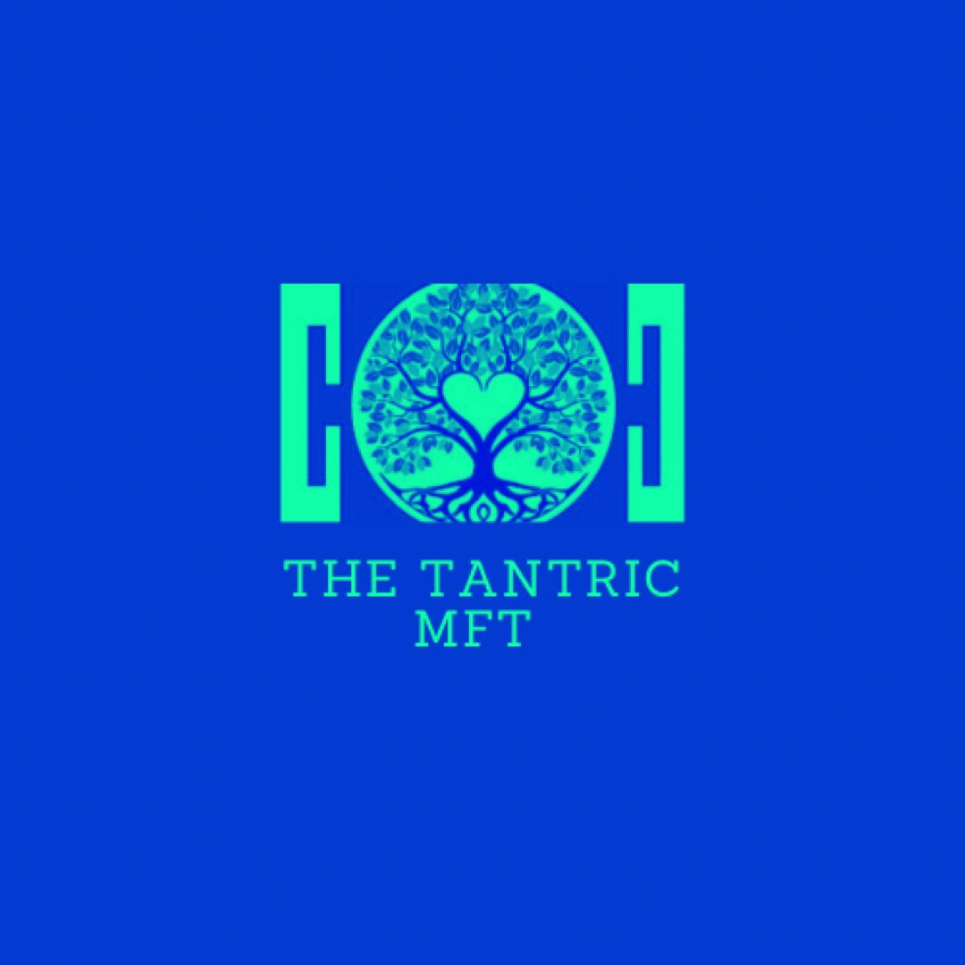 Logo with a tree inside a circle, two brackets, and text below on a blue background.