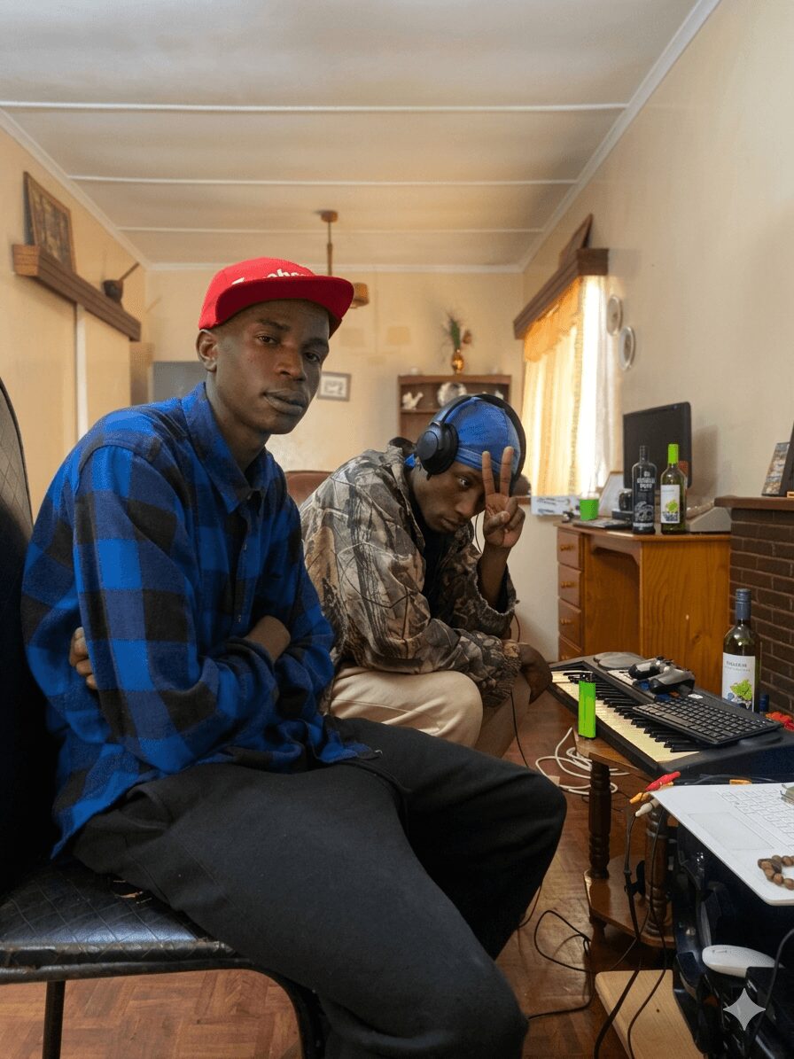 Two young men sitting in a room with a computer, one wearing a red cap and blue plaid shirt, the other with headphones.
