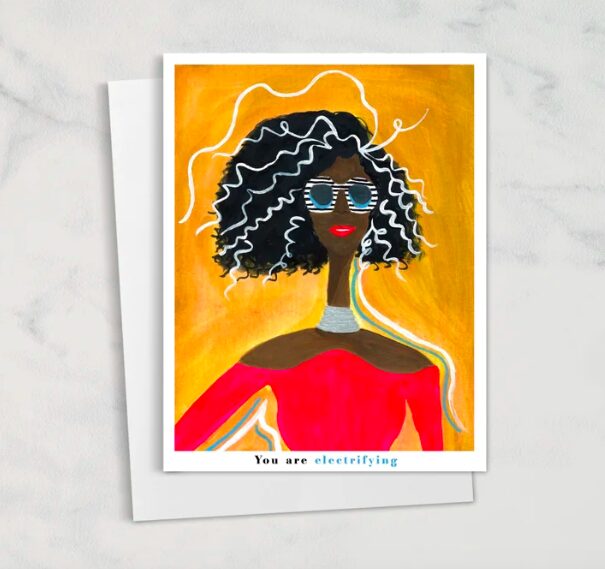 Illustration of a woman with curly hair, sunglasses, red lipstick, and an off-shoulder red top, against an orange background.
