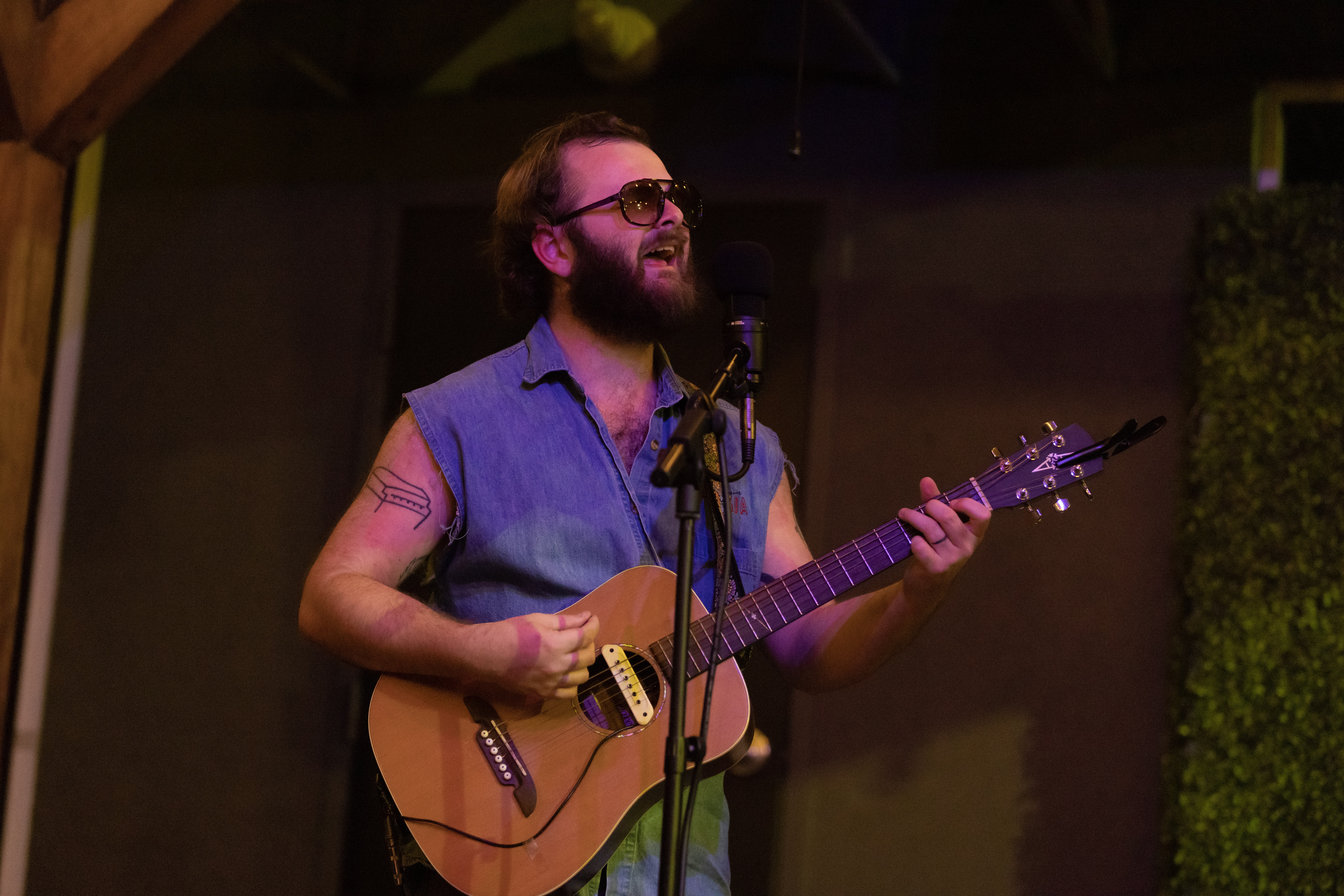 Man with beard and glasses playing acoustic guitar and singing into a microphone.