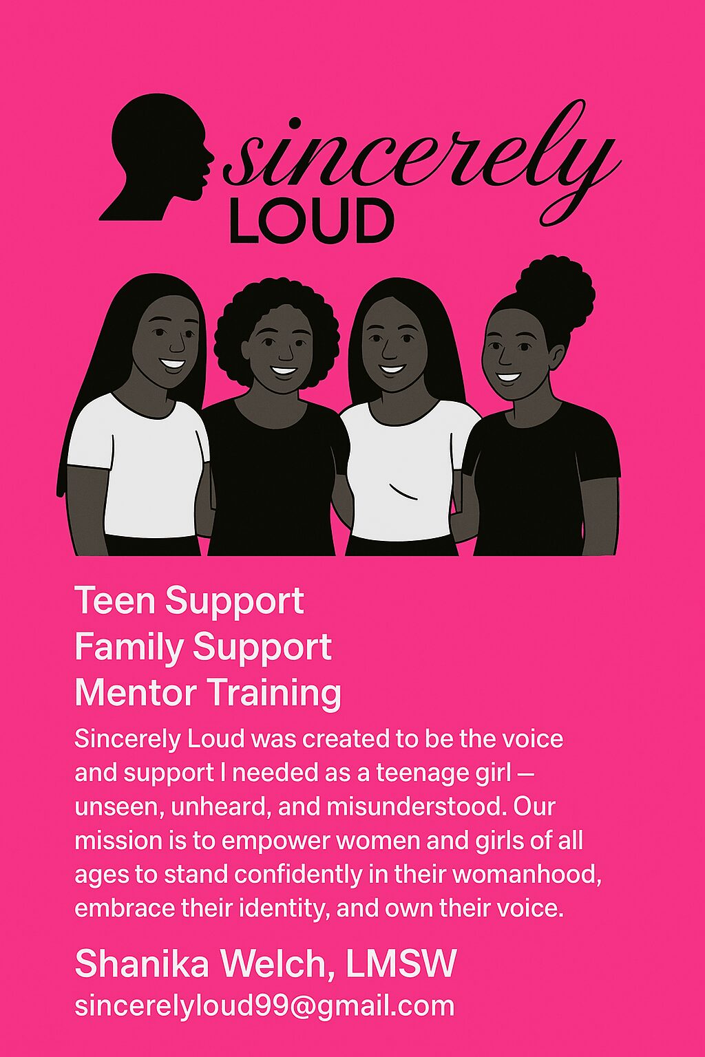 Pink background with black silhouette, text, and four women smiling, supporting teen and family mentorship.