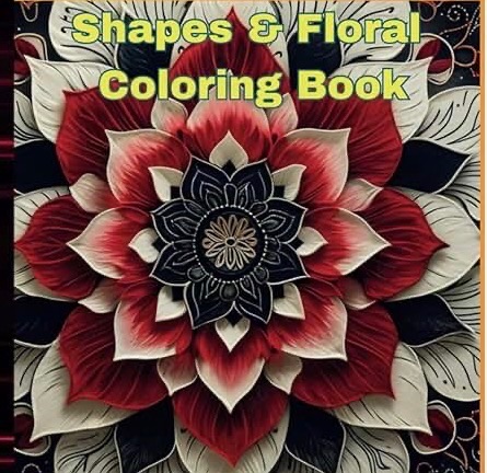 Coloring book cover with a large, detailed floral design in red, white, and black, with yellow text at the top.