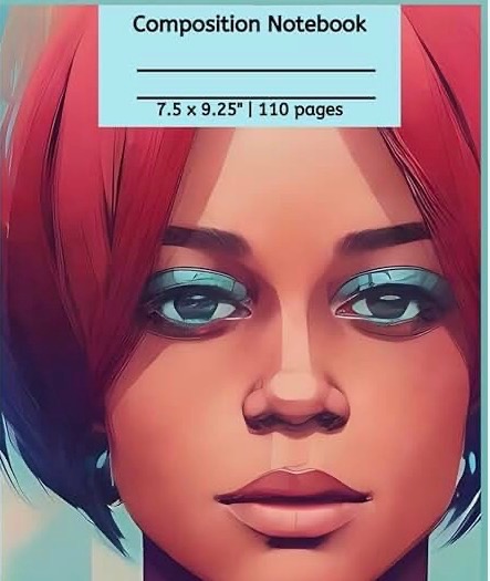 Close-up of a person's face with red hair and makeup, with a blue label on top.