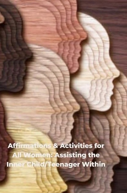 Multiple layered profiles of faces in different shades, arranged in a pattern on a wooden background.