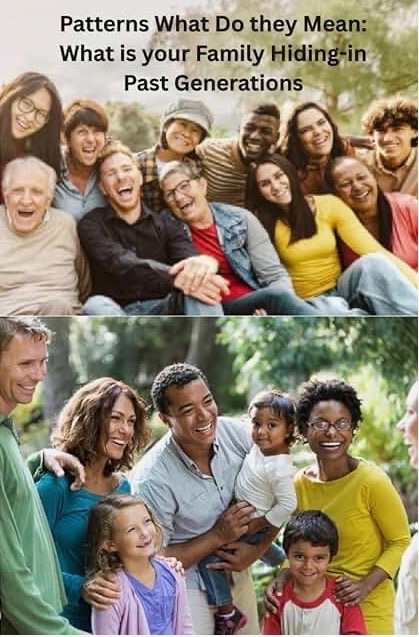 Group of diverse people smiling outdoors, including children and adults, with text about family patterns and generations.