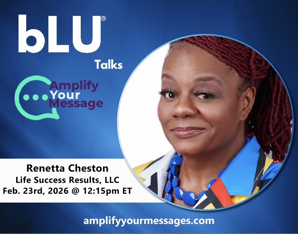 Portrait of a woman with red braided hair, smiling, wearing a colorful scarf, against a blue background with text.