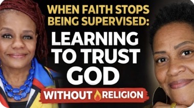 Two women smiling with text about faith, trust in God, and religion.