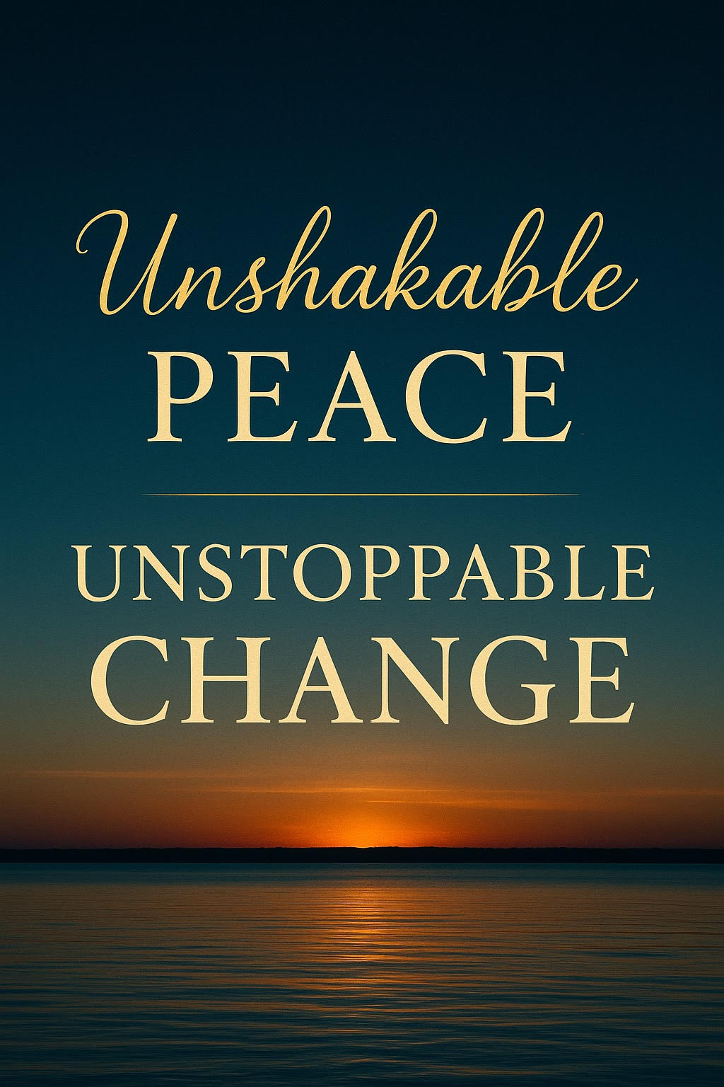 Sunset over water with text about peace and change in elegant fonts.