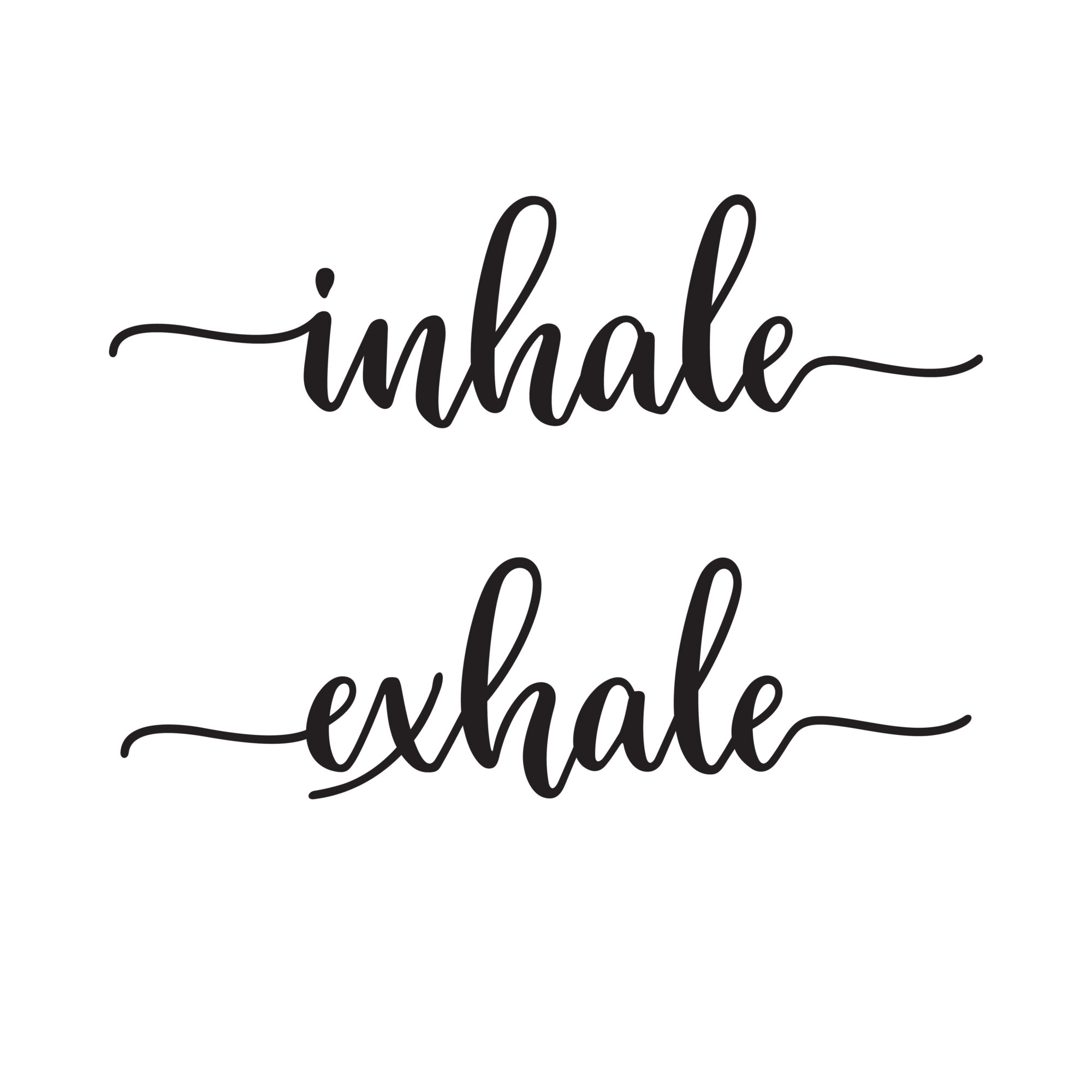 The words 'inhale' and 'exhale' written in cursive script with decorative swirls.