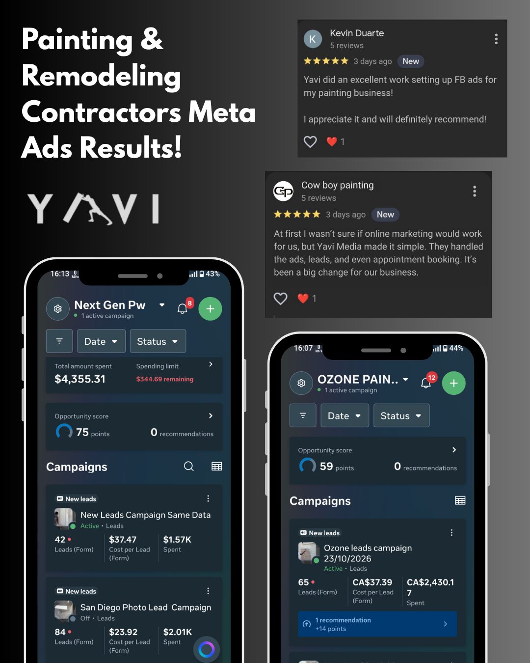 Three smartphone screens showing financial and campaign data, with social media comments above, on a white background.