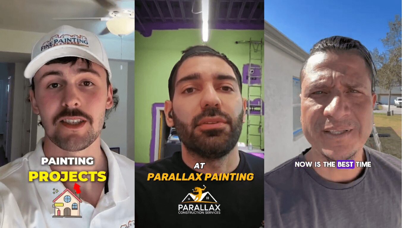 Three men in different settings, each with text overlay about painting projects, parallax painting, and best time.