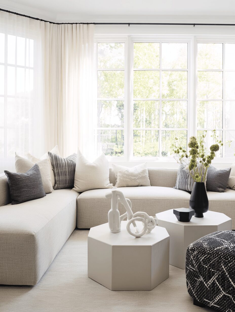 Living room with large window, white sectional sofa, pillows, and a coffee table with vases and a flower arrangement.