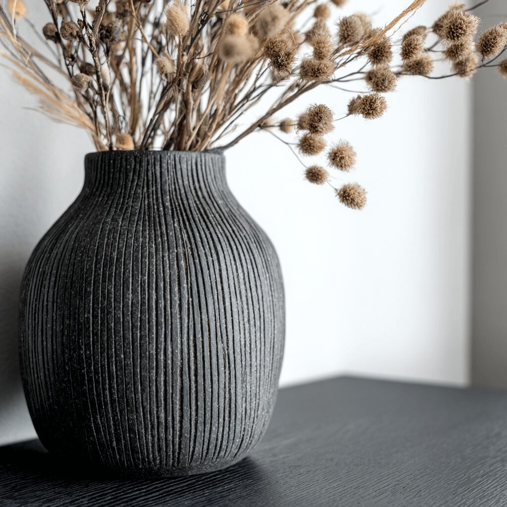 Gray textured vase with dried flowers on a dark surface against a light background.