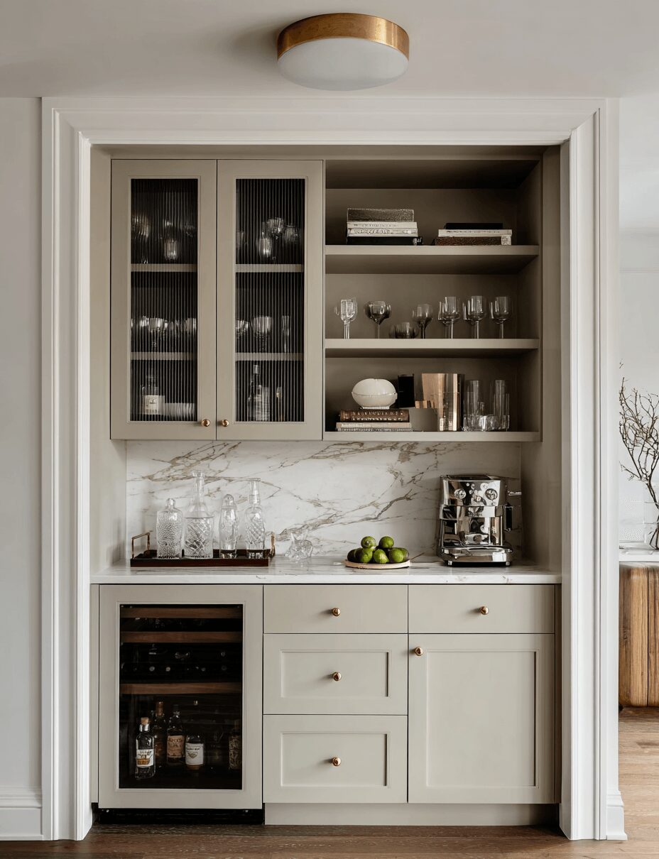 Built-in bar area with glass-front cabinets, shelves with glasses and books, a marble backsplash, and a small wine fridge.