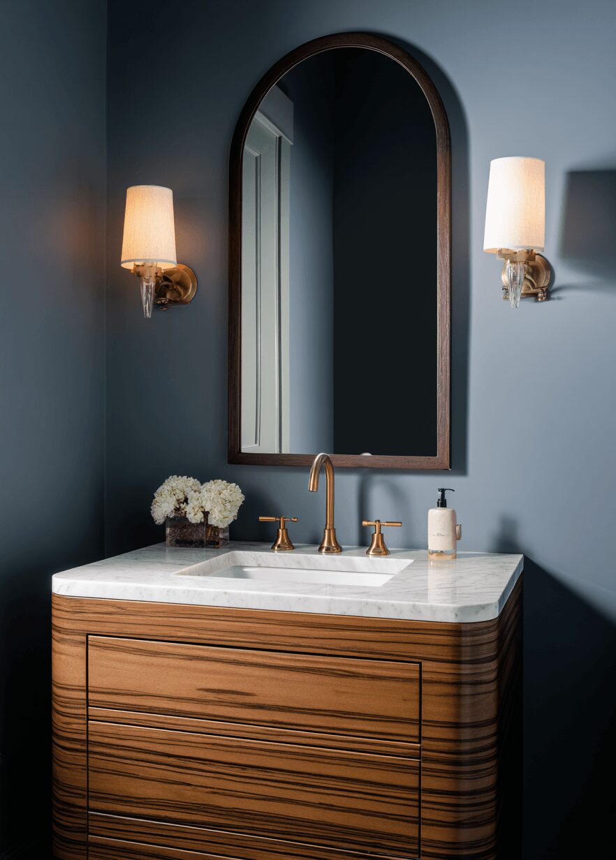 Bathroom vanity with a marble top, gold faucet, mirror, and two wall-mounted lights on a blue wall.