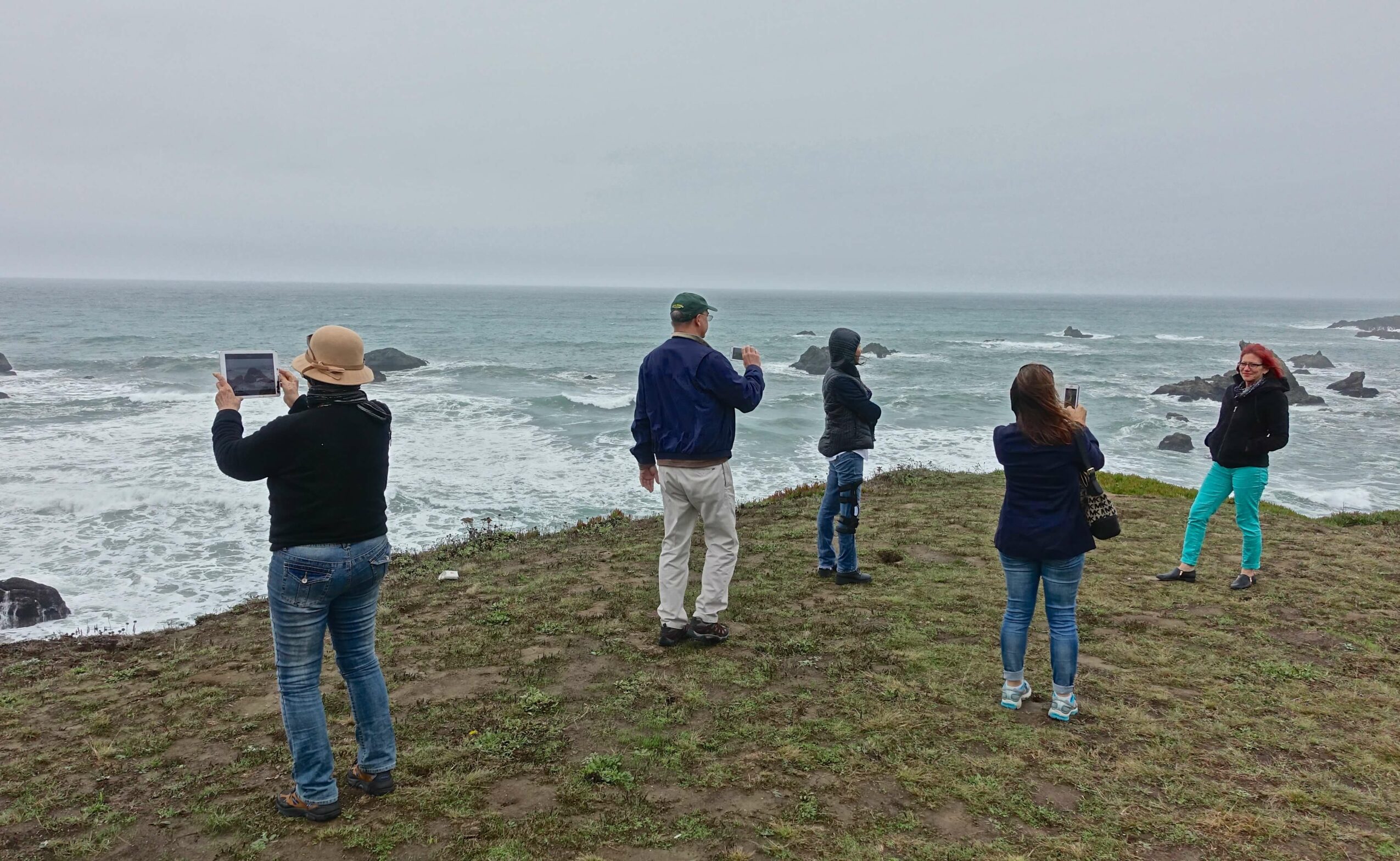 Six people stand on a grassy area near the ocean, some taking photos, with waves and cloudy sky in background.