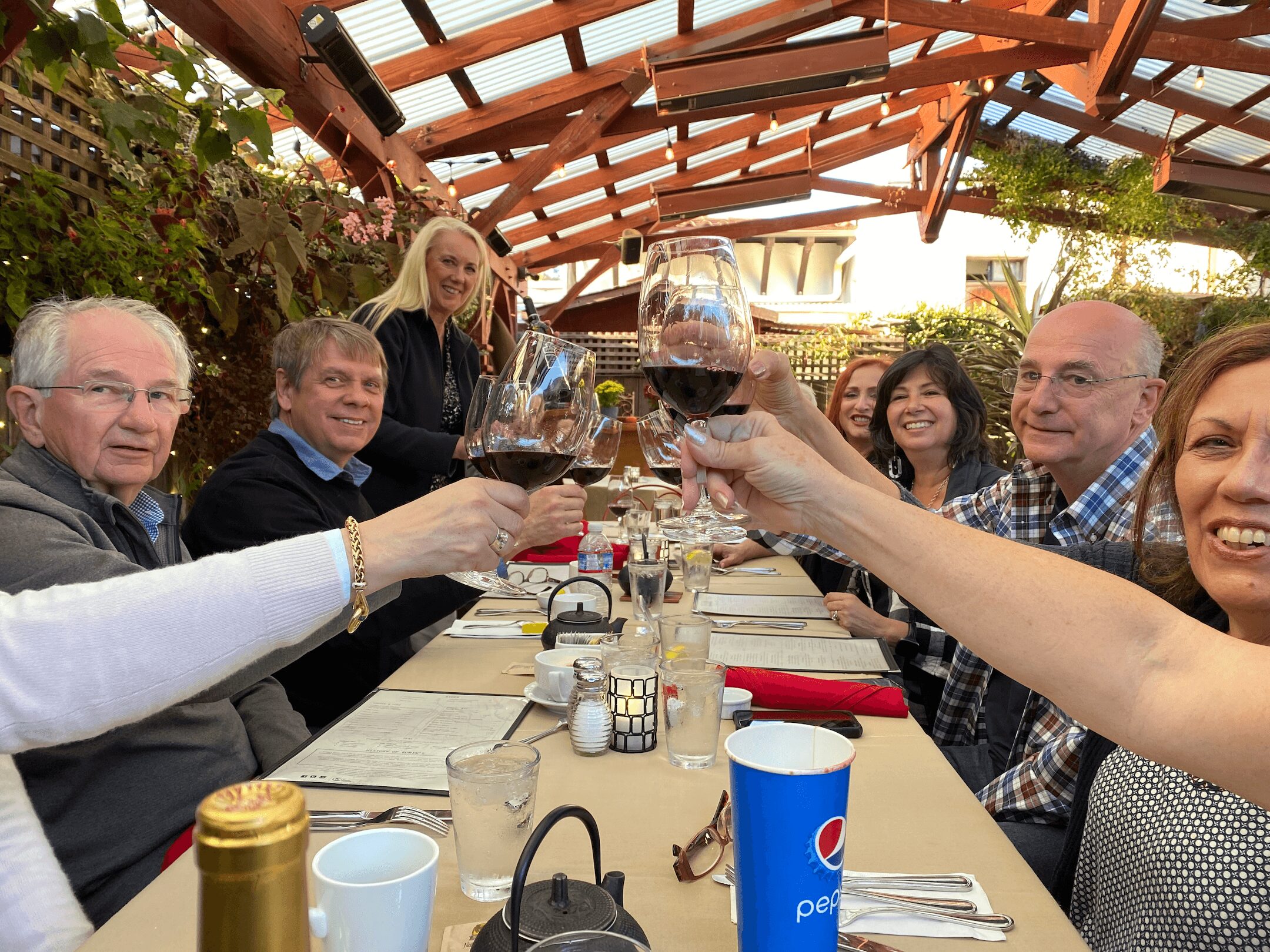 Group of people raising glasses of red wine at a long outdoor dining table under a wooden pergola.