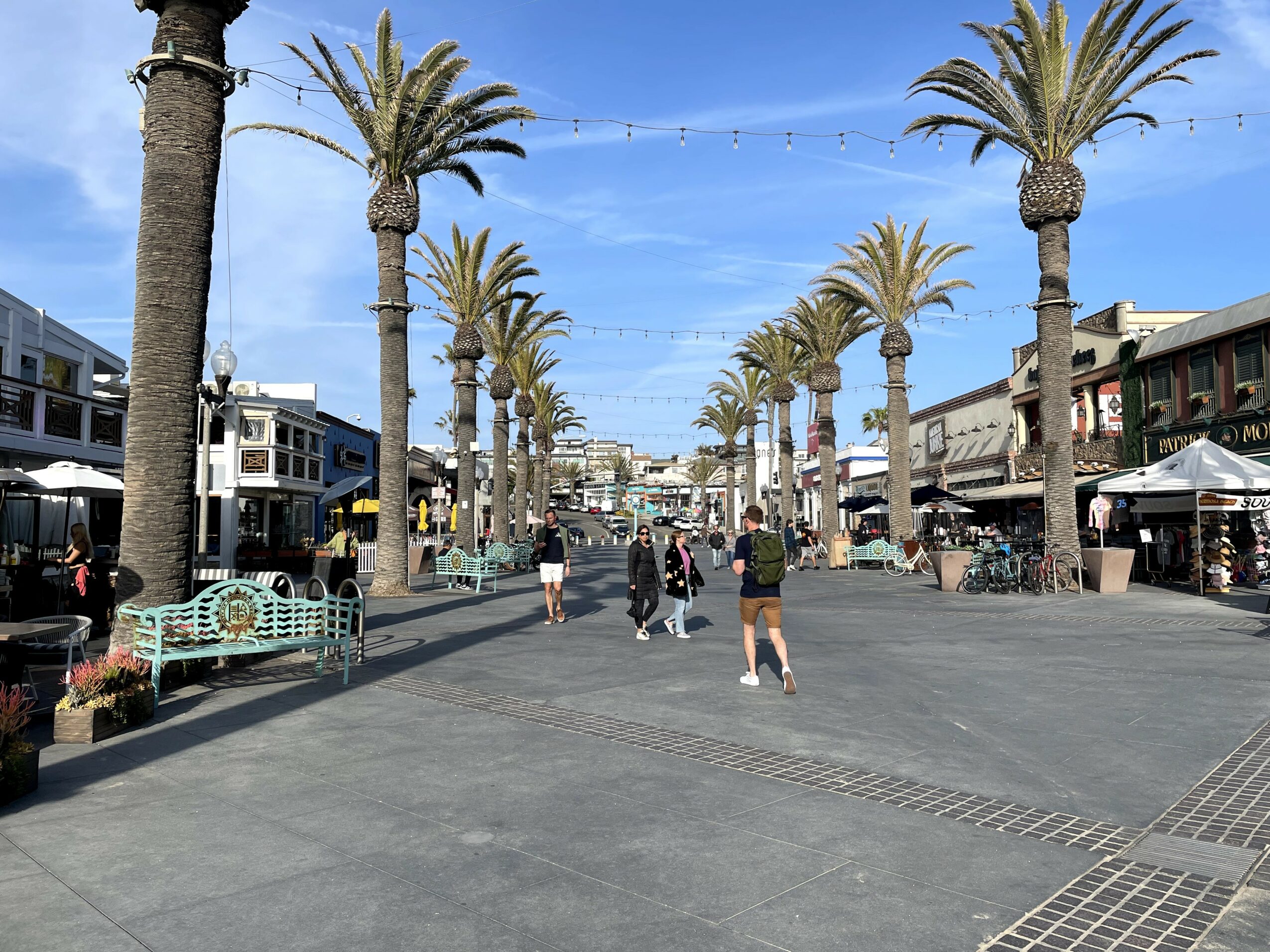 Pedestrian street with palm trees, shops, and people walking on a sunny day.