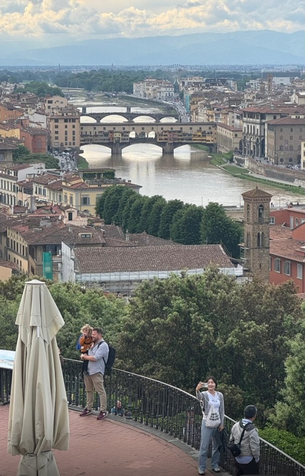 People standing on a terrace overlooking a city with a river, bridges, and historic buildings, trees, and cloudy sky.