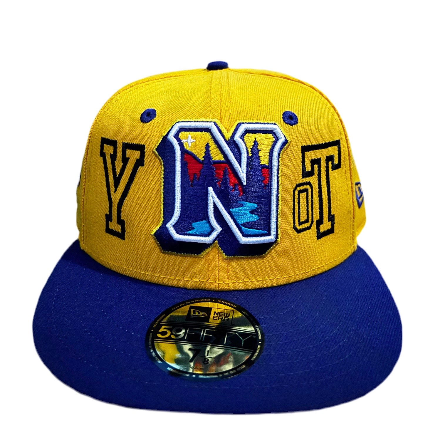 Yellow and blue baseball cap with embroidered logo and text, flat brim, front view.