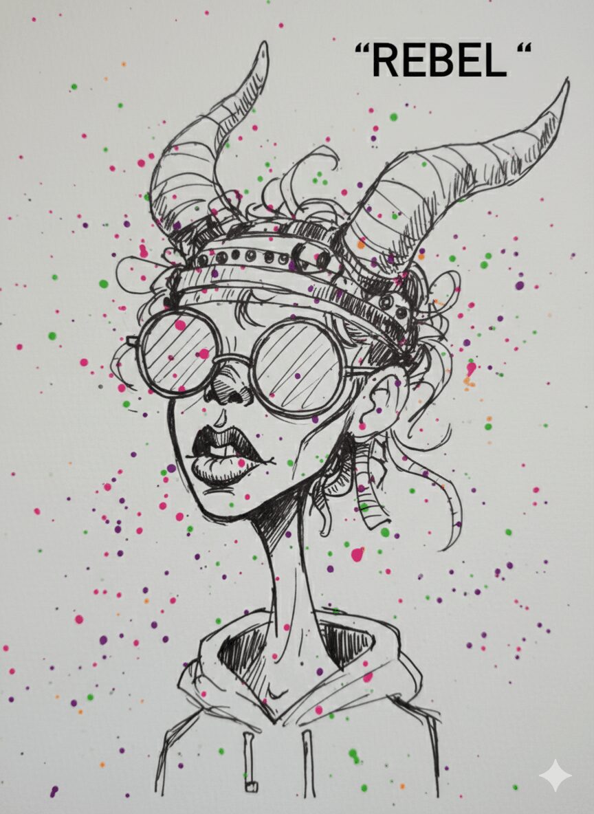 Sketch of a person with large horns, glasses, and a hoodie, surrounded by colorful paint splatters, labeled 'REBEL'.