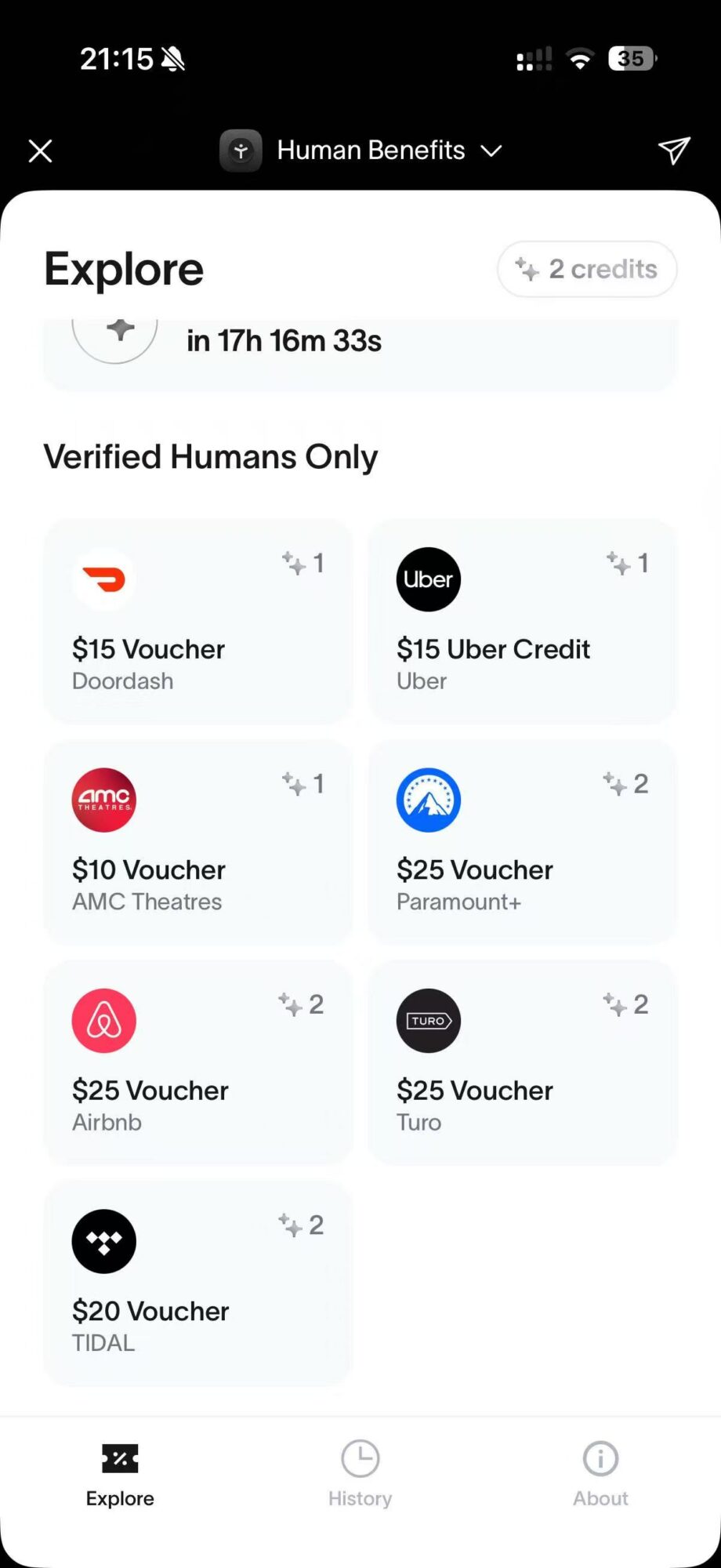Screen showing various gift vouchers and credits for food, transportation, and shopping apps.