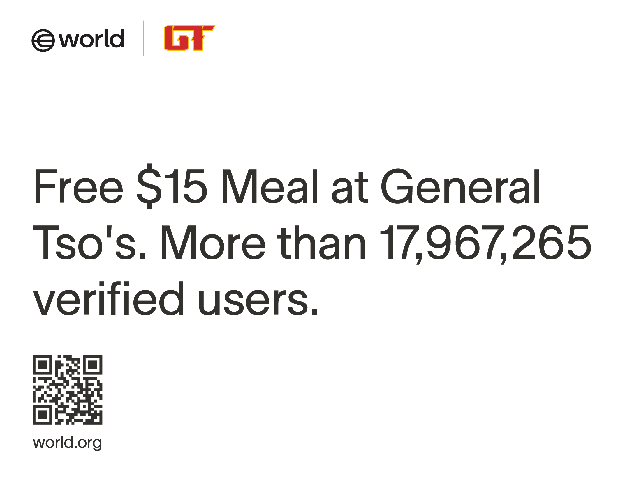 Text offering free $15 meal at General Tso's for verified users, with QR code and website link.