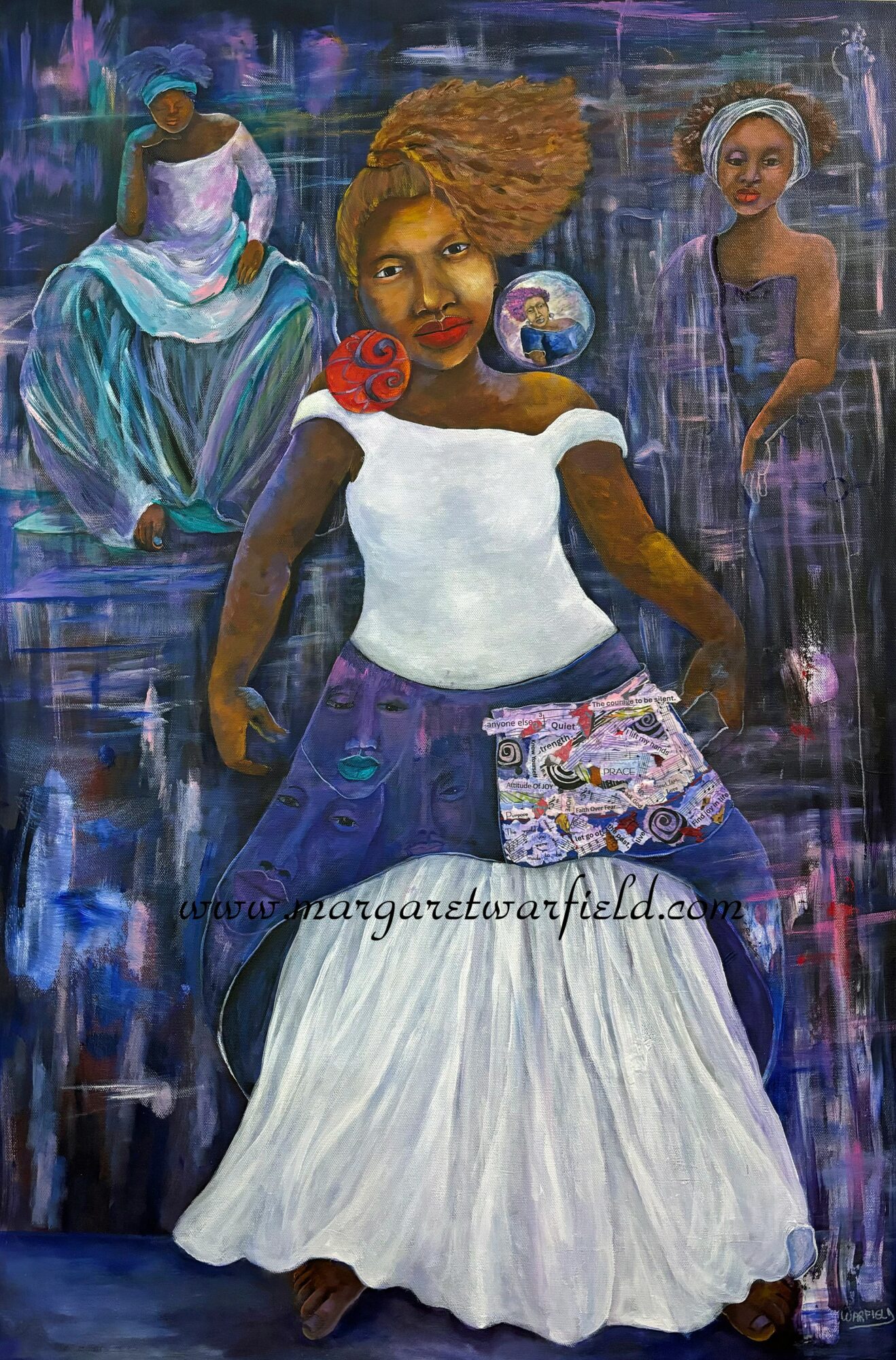 Three women in colorful dresses and headscarves, standing against a dark, abstract background.