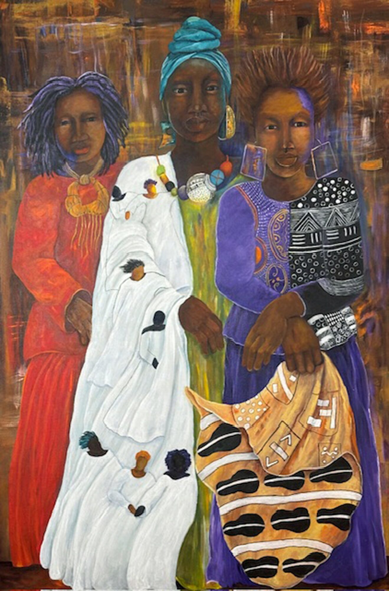 Three women in colorful traditional clothing and headwraps stand together, holding a large patterned basket.