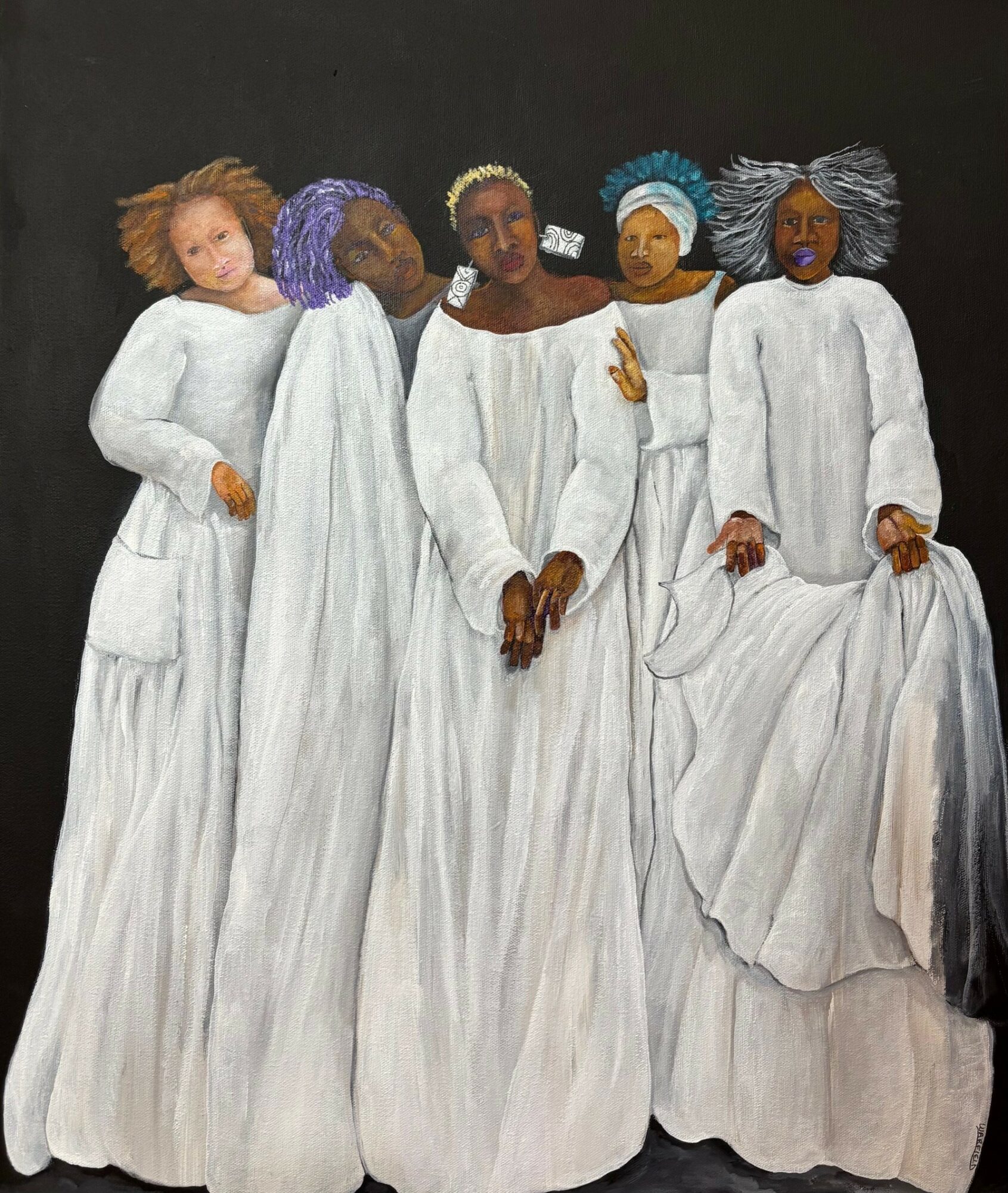 Five women in white dresses with different hairstyles and headpieces, standing against a dark background.