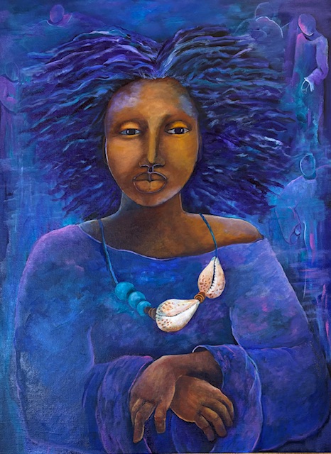 Portrait of a woman with large, flowing hair, wearing a blue dress and a shell necklace, set against a blue background.