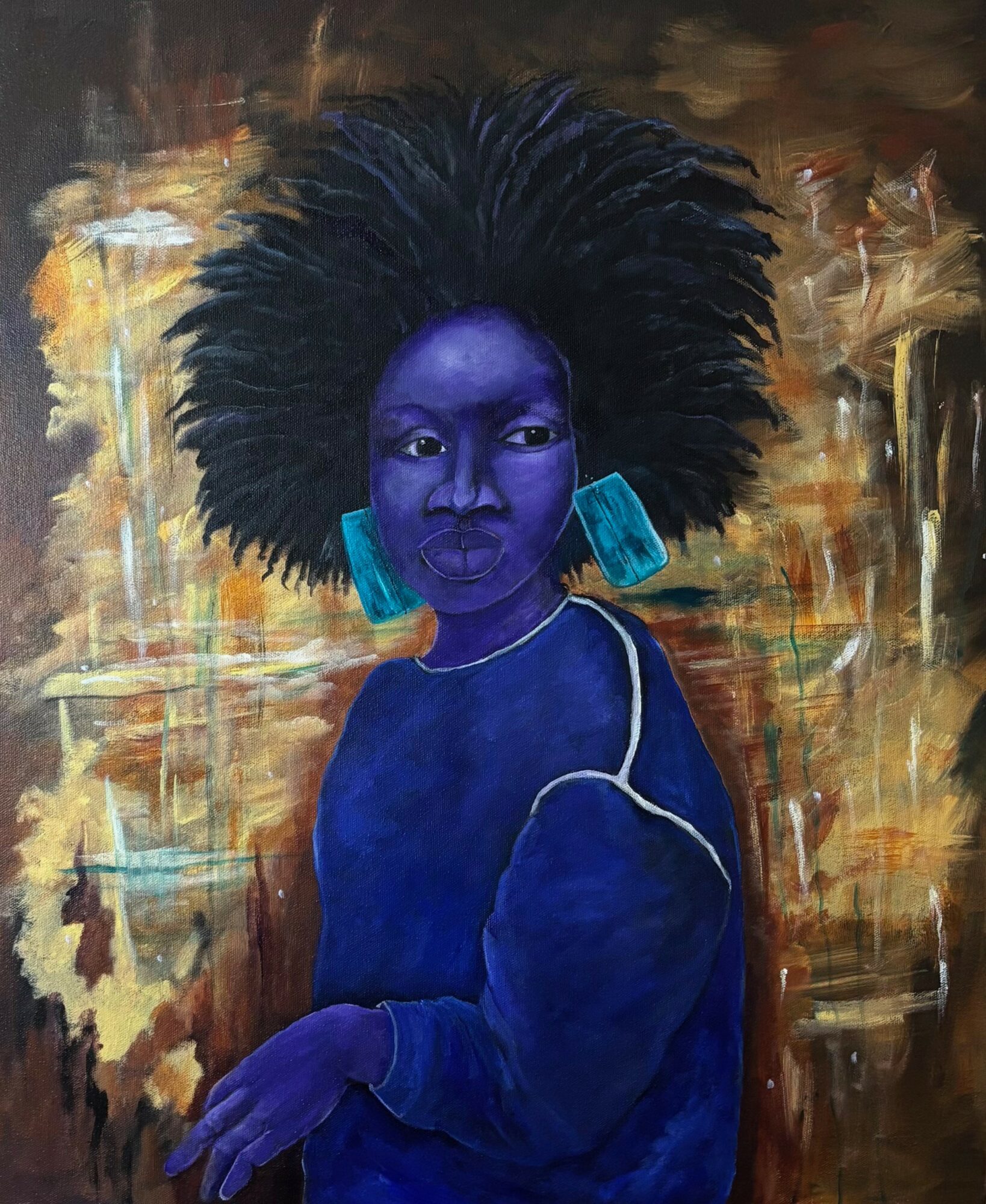 Portrait of a woman with dark blue skin and large afro hairstyle, wearing earrings and a blue top, against an abstract background.