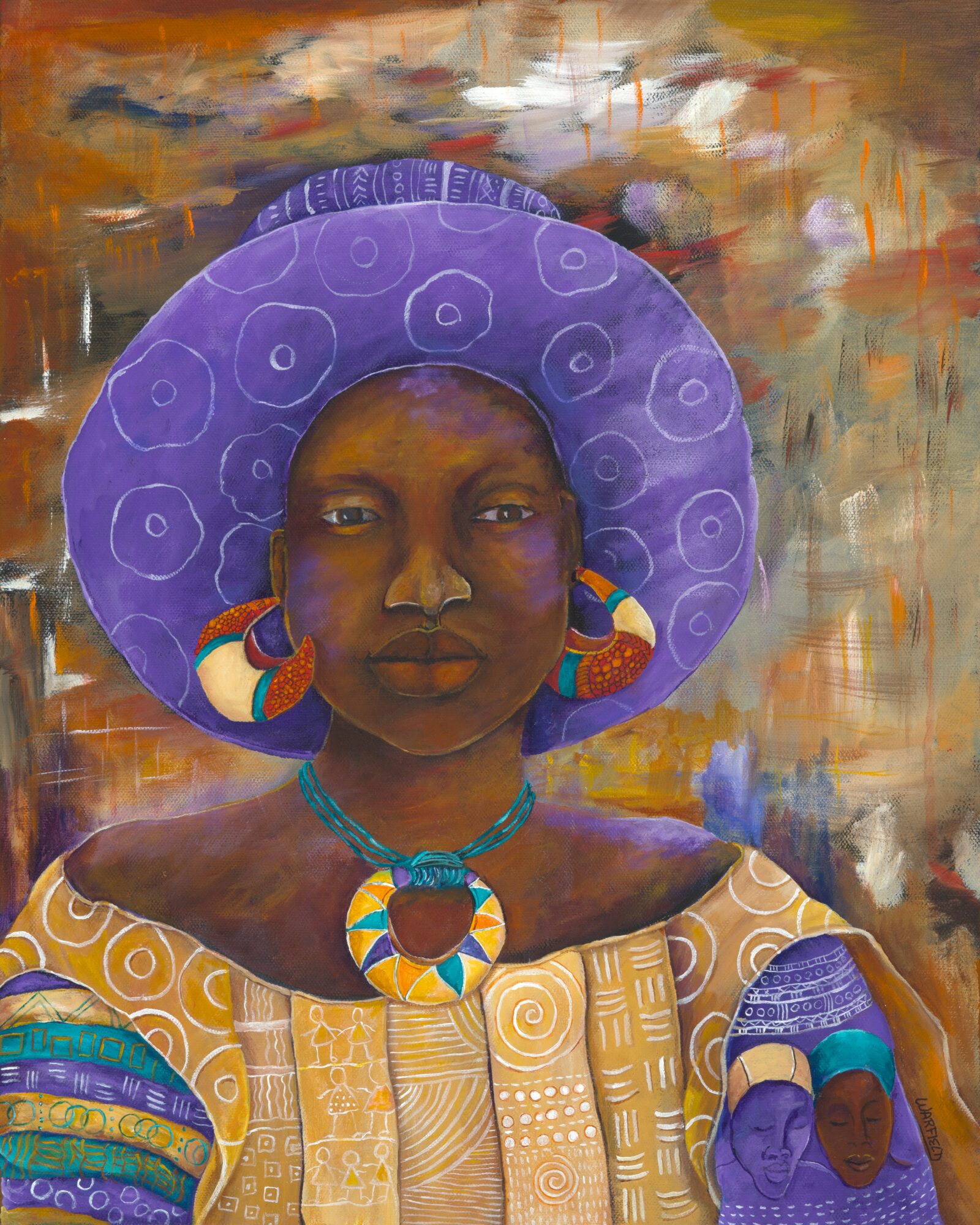 Portrait of a woman wearing a large purple hat with circular patterns, colorful earrings, and a patterned dress, against an abstract background.