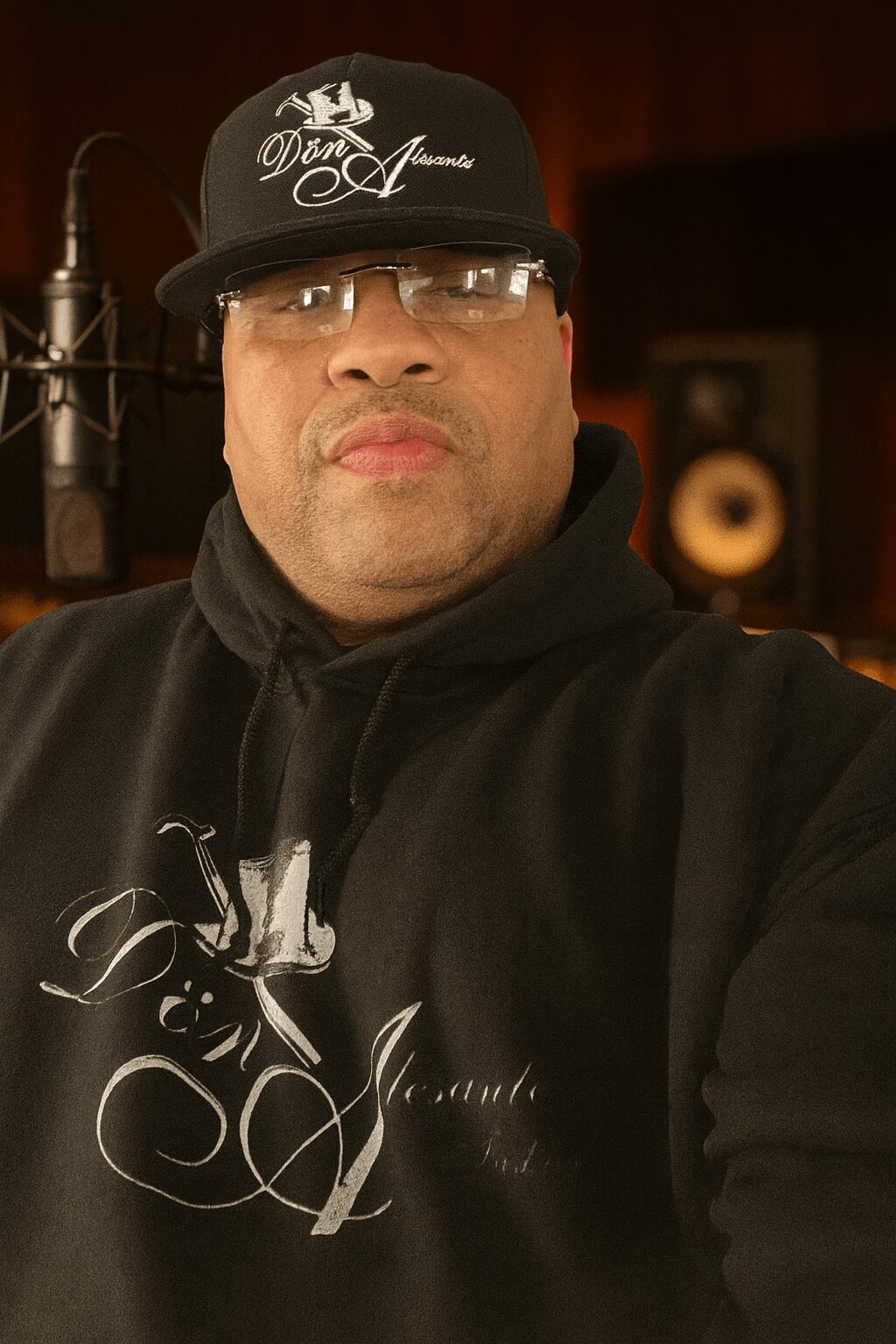 Man wearing glasses, black hoodie, and a black cap with white text, in a recording studio.