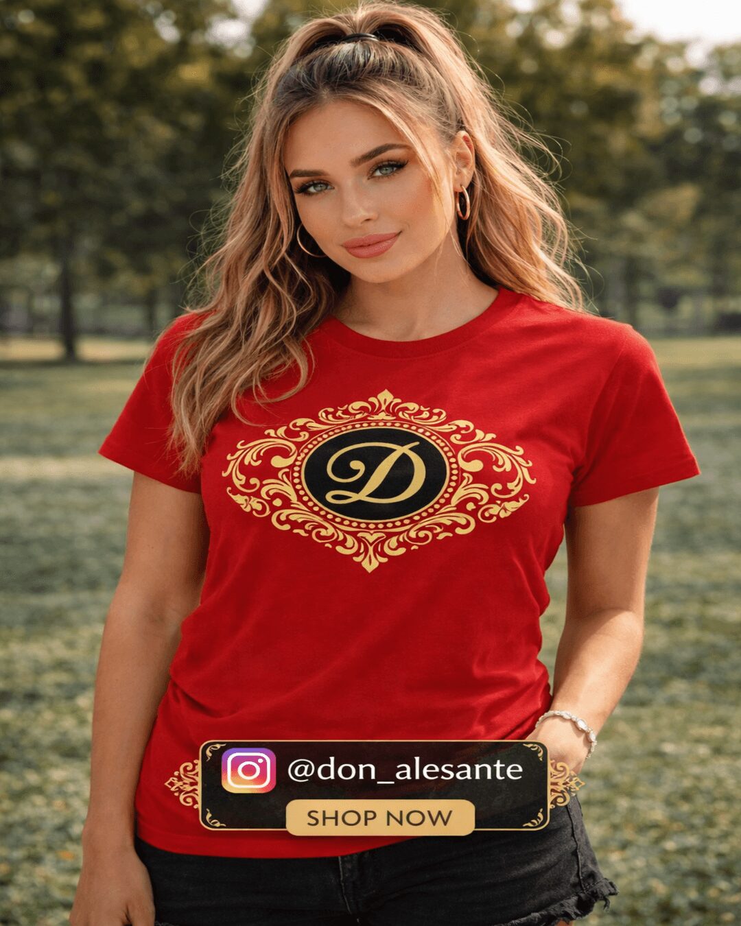 Young woman with wavy hair wearing a red T-shirt with gold and black design outdoors.