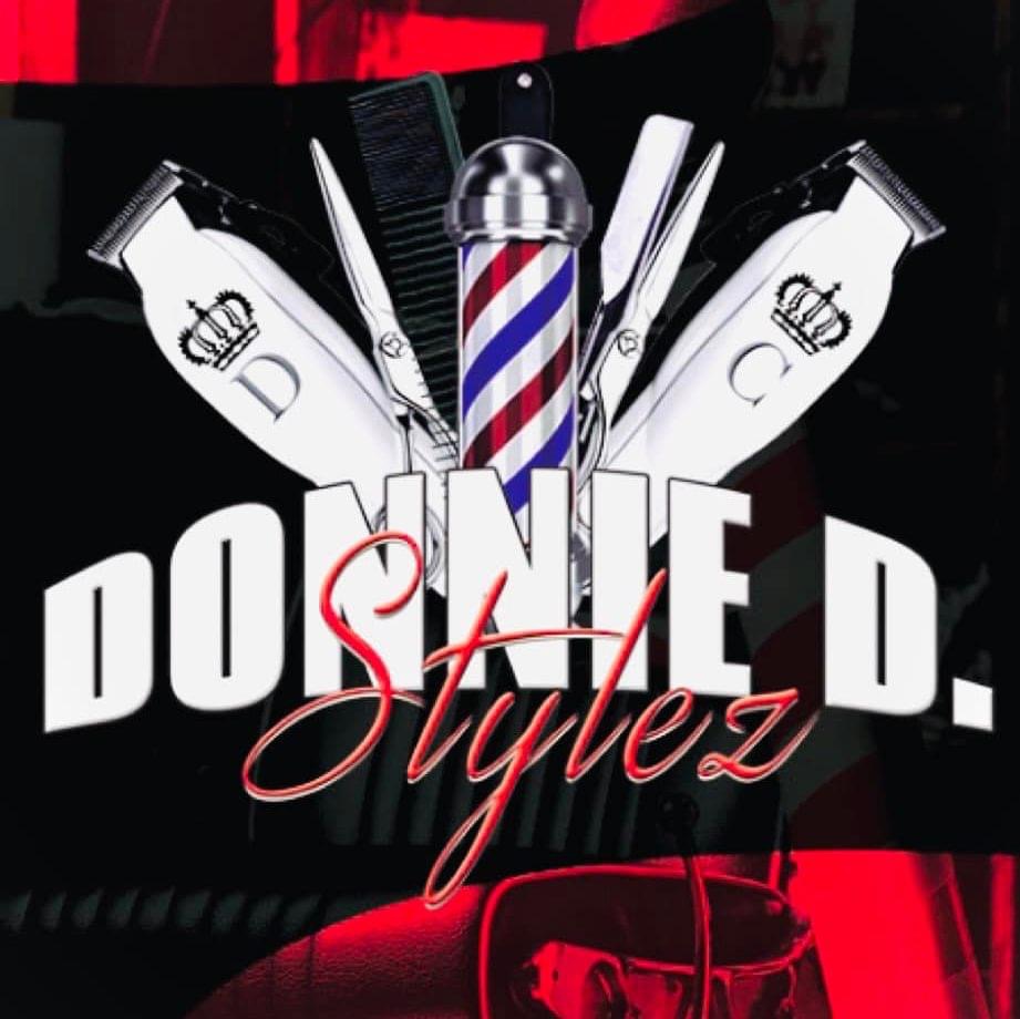 Barber pole with grooming tools, text 'DOSHIED. Stylez', and red and black background.