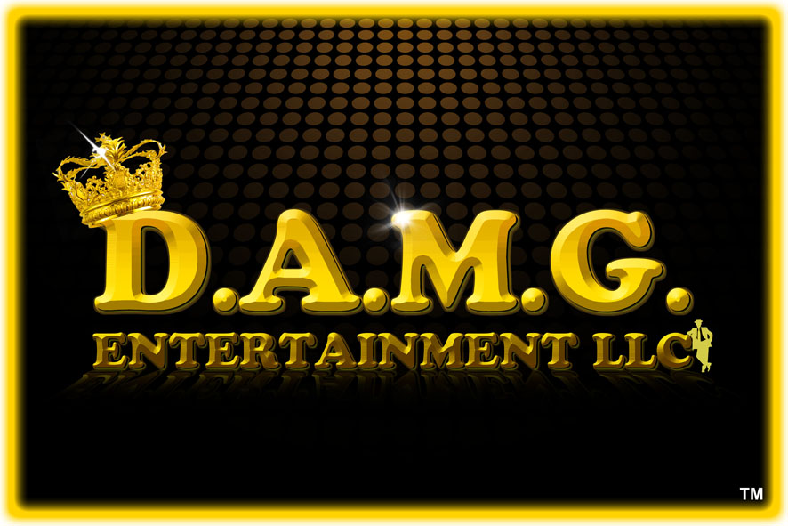 Logo with gold text 'D.A.M.G. ENTERTAINMENT LLC' and a crown on a black dotted background.