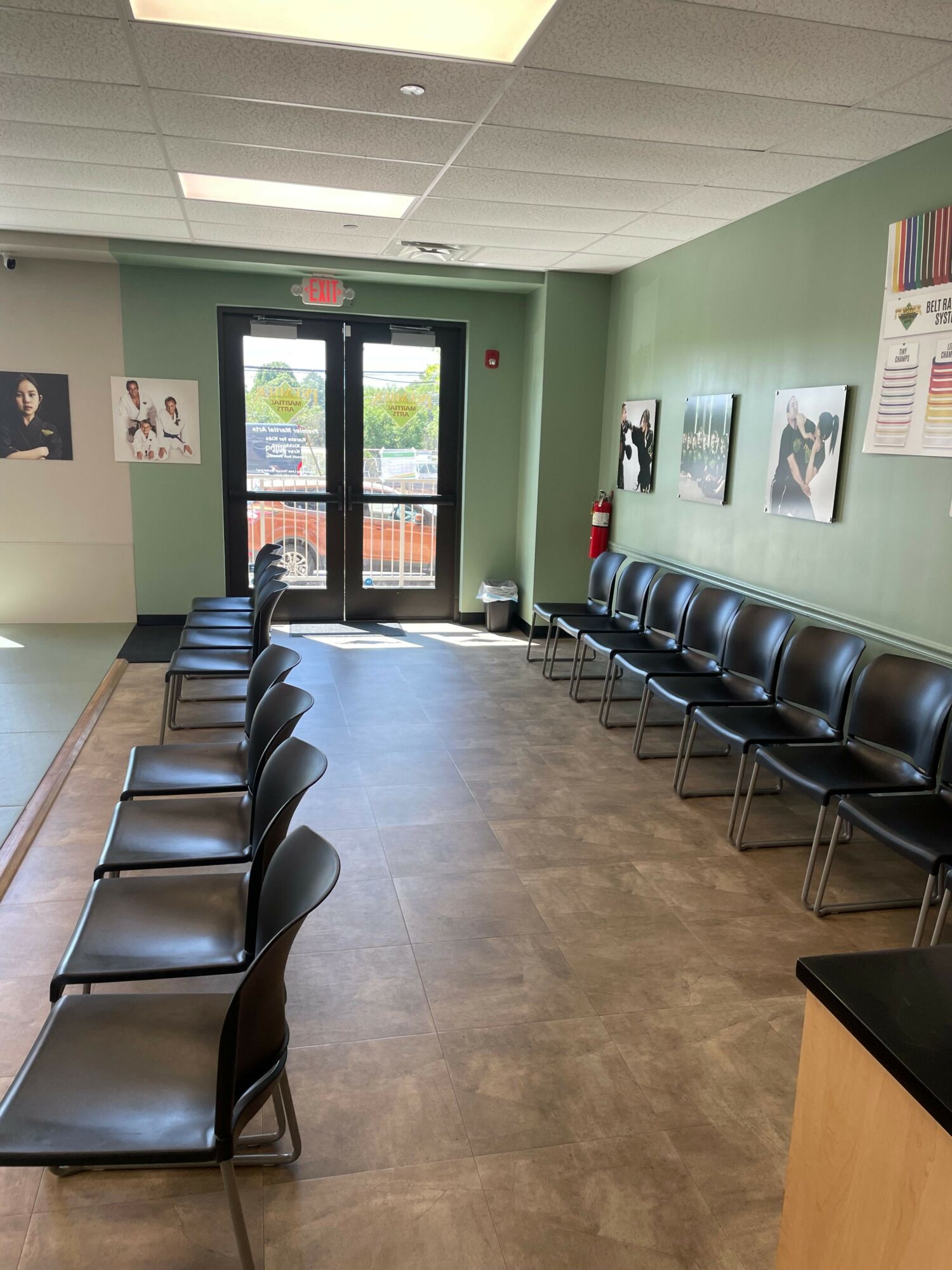Empty waiting room with black chairs along walls and posters on green walls, door with glass window at back.