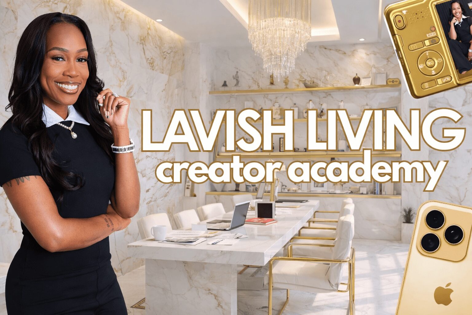 Woman in black dress smiling in a luxurious room with a chandelier and a table with laptops and phones.