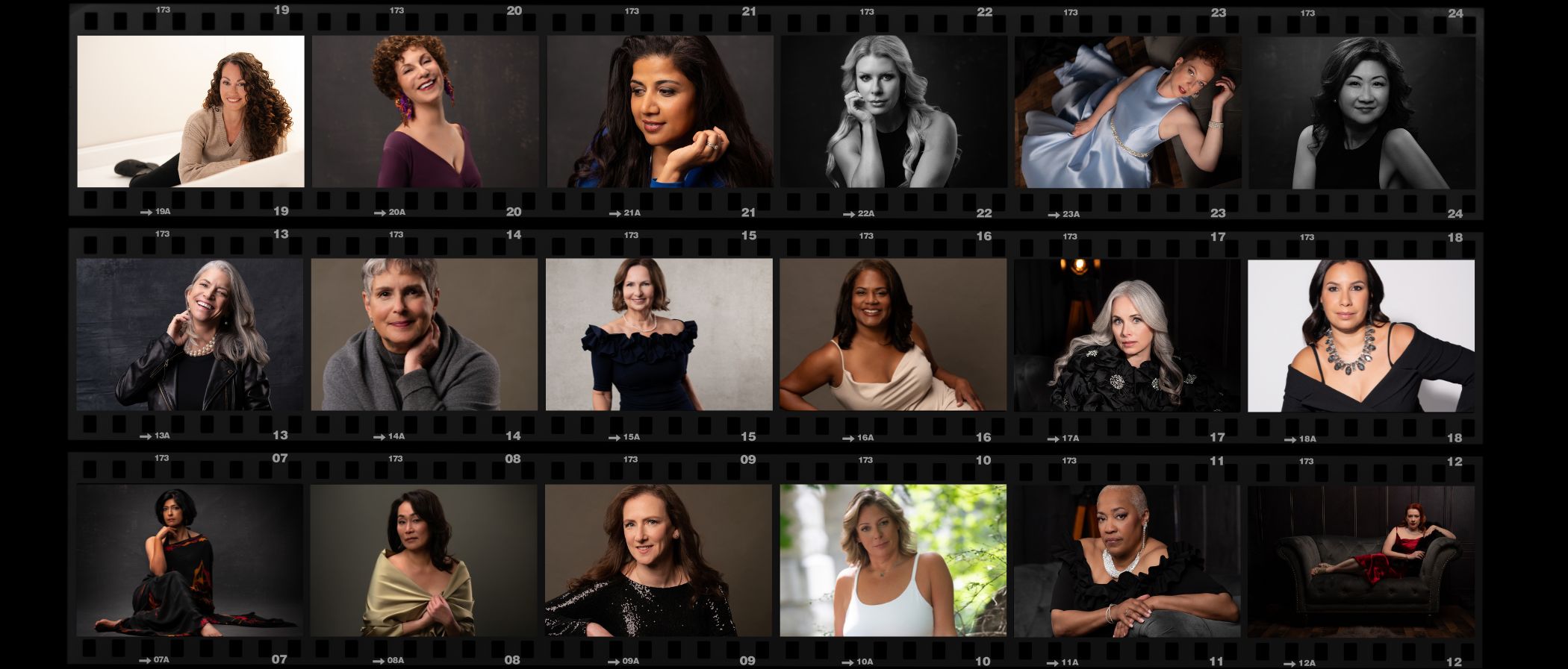 Collection of 16 portraits of diverse women and men, some smiling, some serious, in various settings and poses.