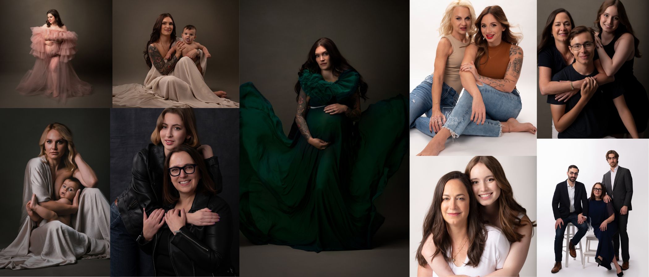 Collage of eight women and girls in various poses, some sitting, standing, and smiling, in different outfits and settings.