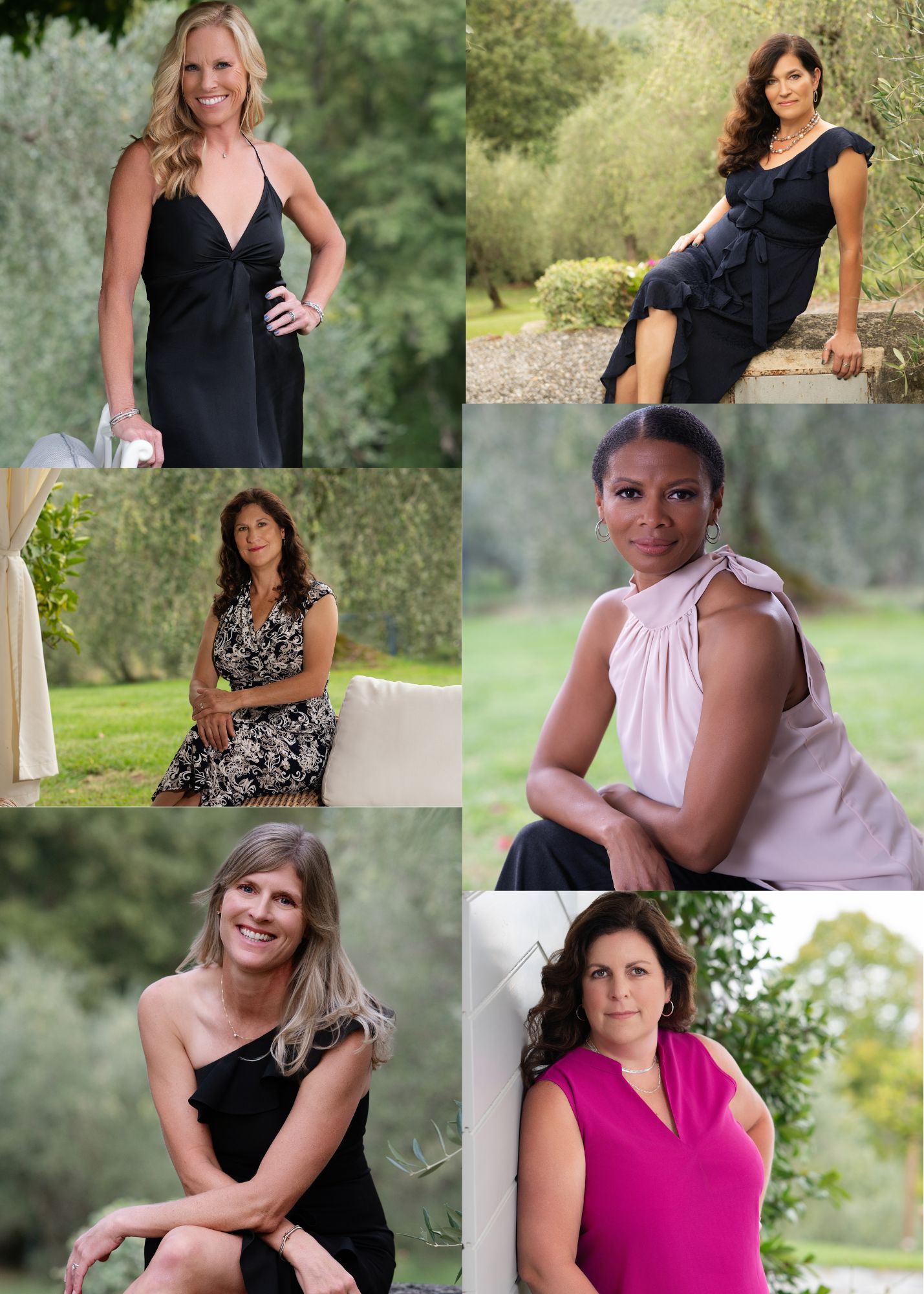 Six women outdoors in various poses, wearing dresses, with greenery and trees in the background.