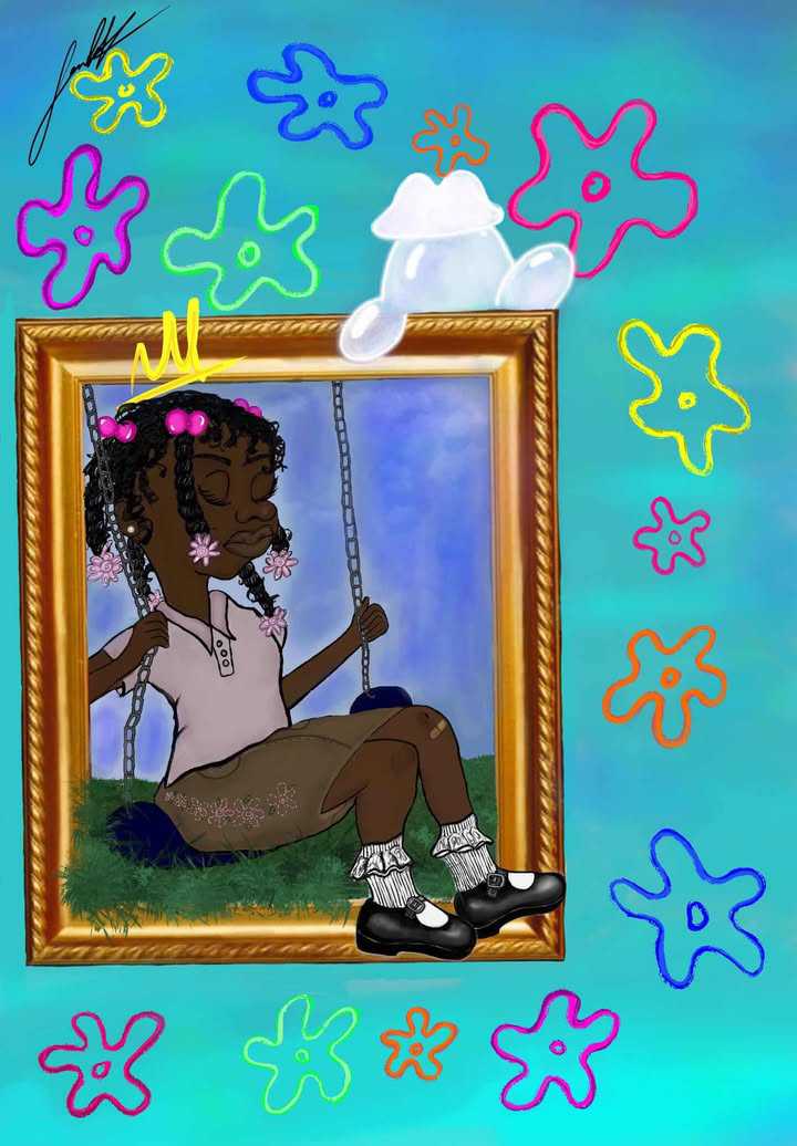 Girl with braids and pink accessories sitting on a swing inside a picture frame, surrounded by colorful abstract shapes.