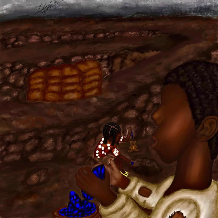Child with braided hair holding a small object, with a person nearby, against a textured background.