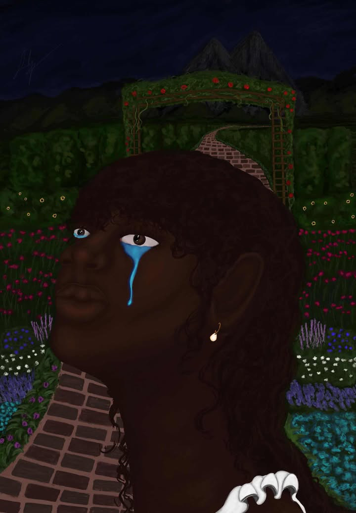 Portrait of a person with curly hair and a tear, set against a colorful garden background at night.