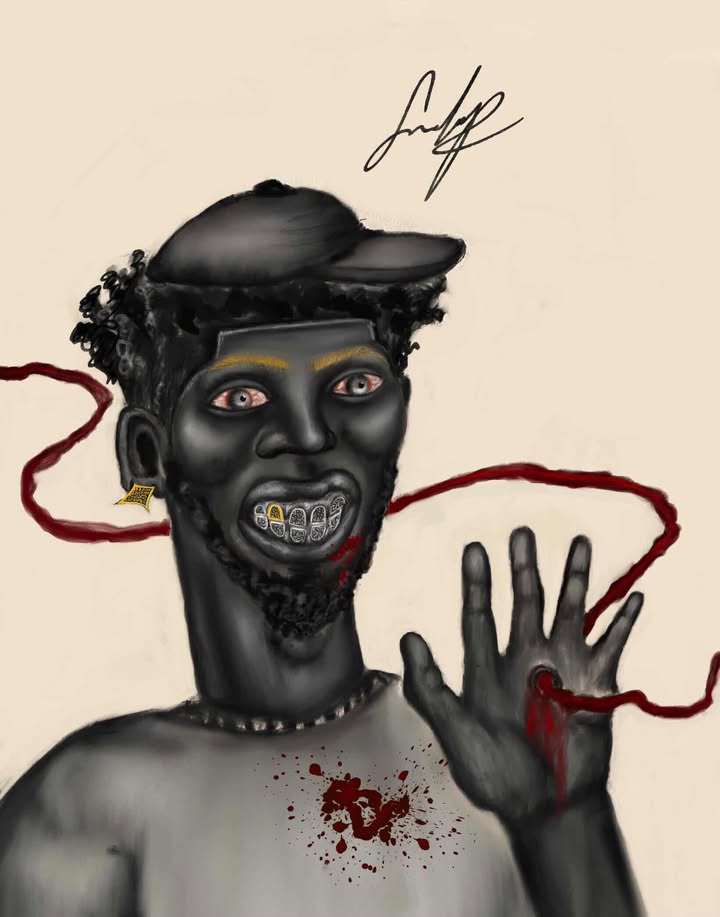 Dark-skinned person with a cap, showing teeth with gold grills, holding up a hand with blood, and a red string around neck.