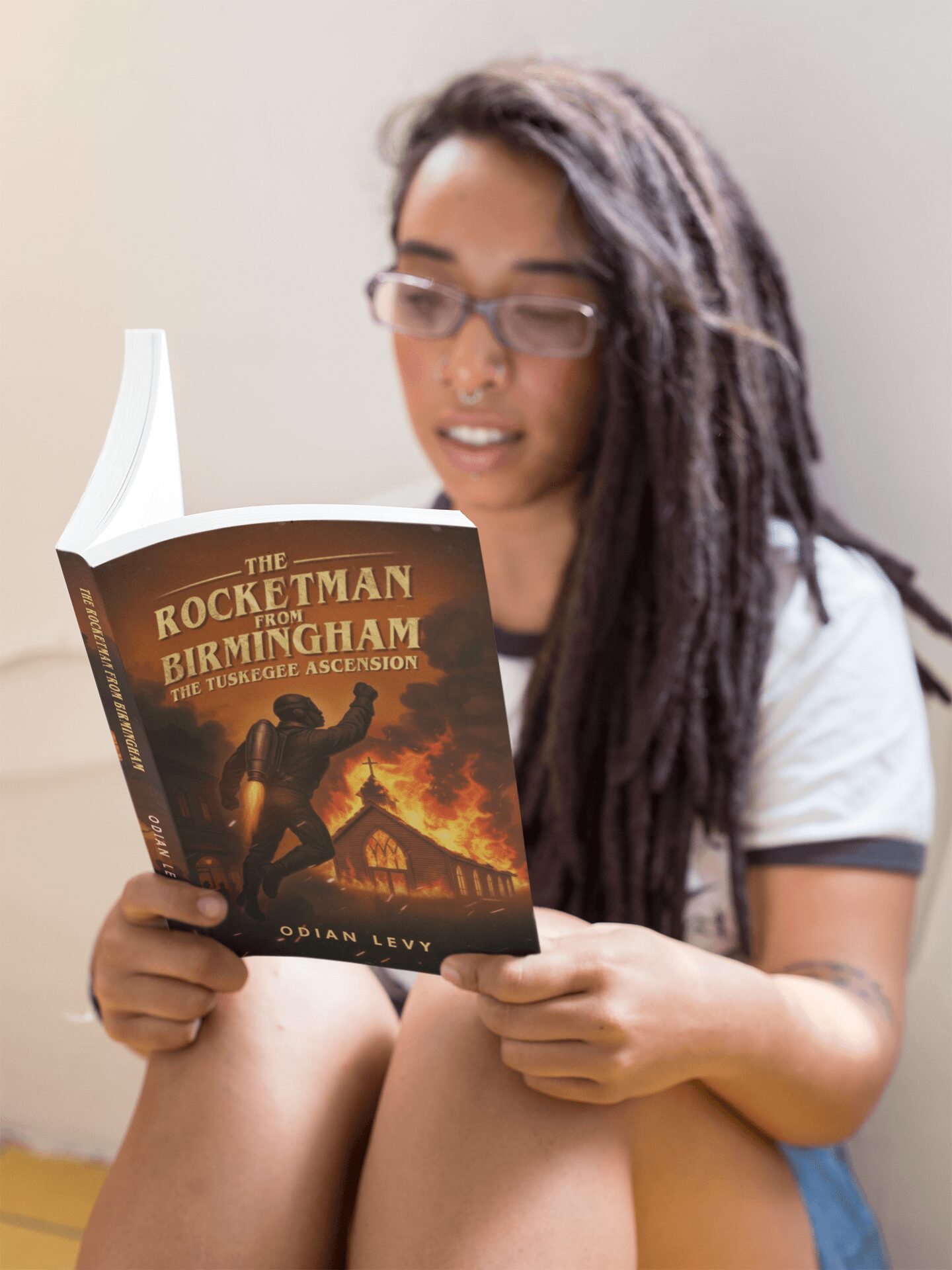 Person with glasses and dreadlocks reading a book titled 'The Rocketman of Birmingham' indoors.