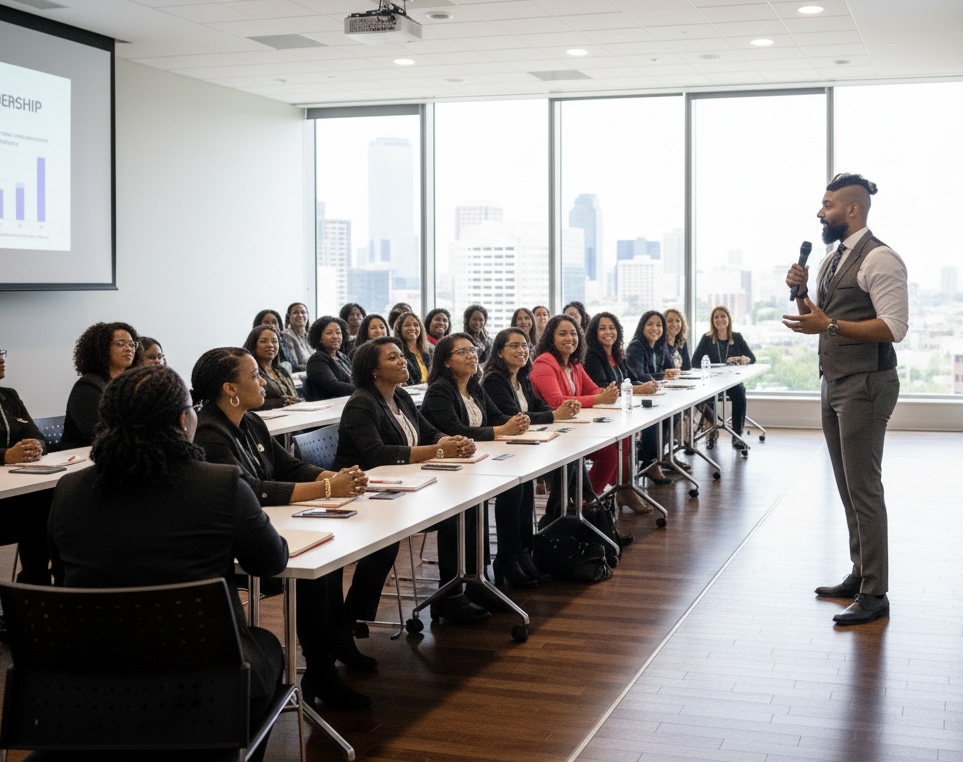 Man presenting to a group in a bright conference room with large windows and city view.