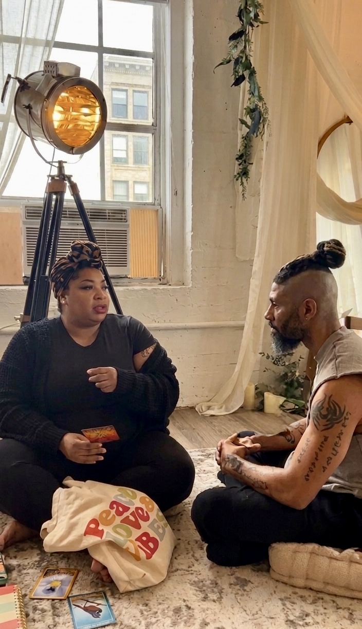 Two people sitting on the floor in a room with a large window, plants, and a vintage lamp, engaging in conversation.