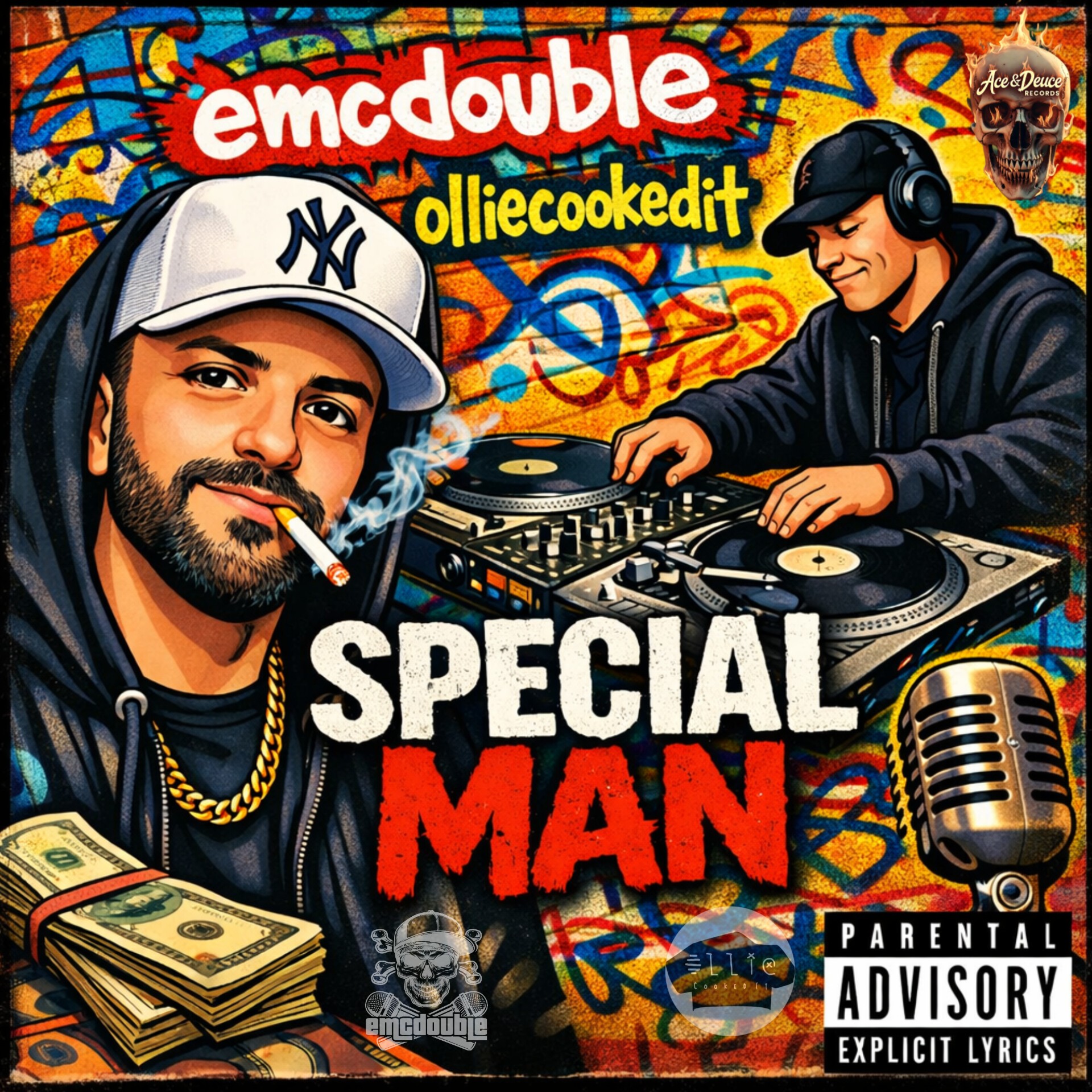 Illustration of a man with a cigarette, headphones, and a gold chain, with DJ equipment and money around him.